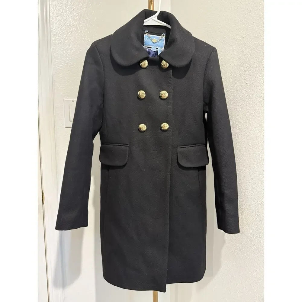 Draper James Woman's Faux Pea  Coat Gold Snap Buttons ‎ Lined  Black Size 2